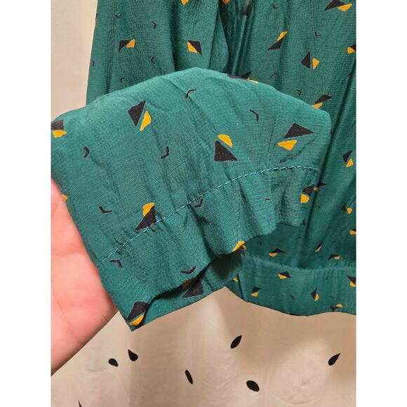 Vintage Tobria green abstract print long sleeve deep v shirt with gold buttons - Picture 6 of 11